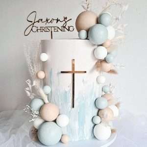 Personalised acrylic christening cake topper set in rose gold