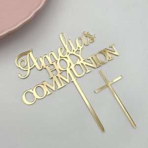 Personalised acrylic Holy Communion cake topper with cross in gold.